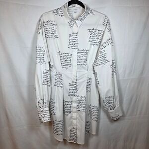 HALFHEART Script Print Button Down Shirt Dress Large White Black SMX190861